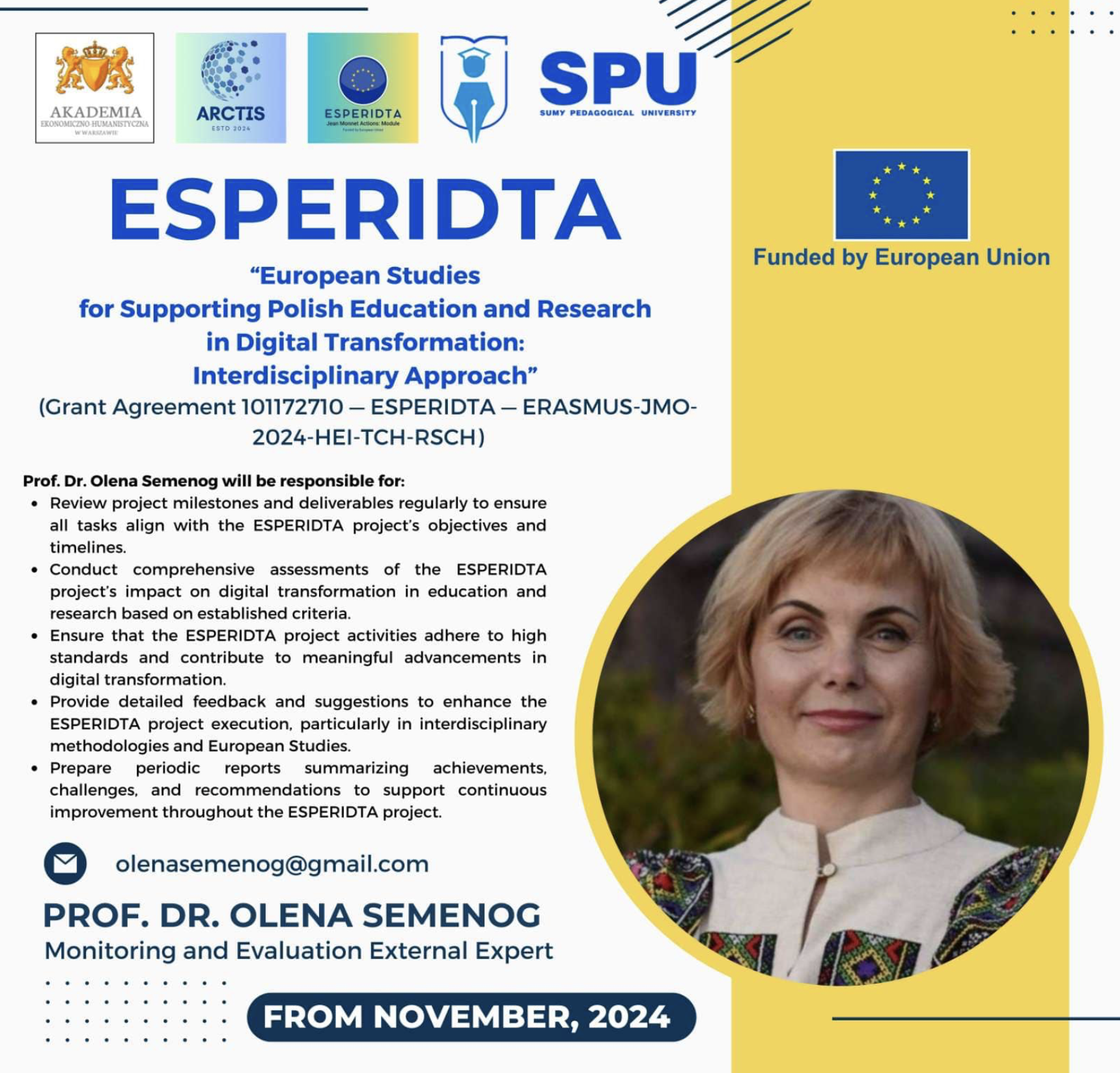 Image for Prof. Dr. Olena Semenog Joins the ESPERIDTA Project as Monitoring and Evaluation External Expert