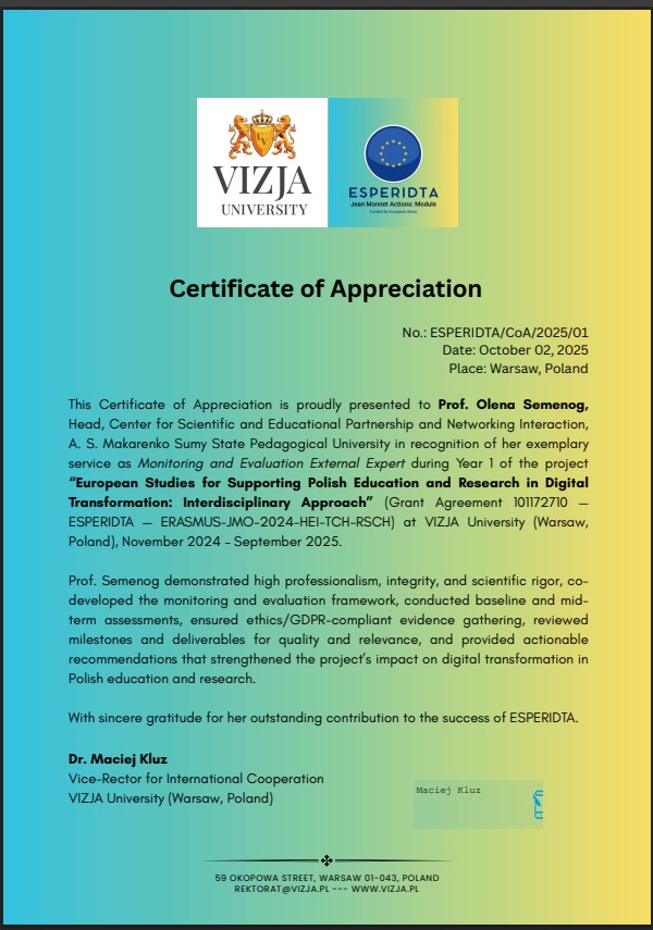 Image for 📌 ESPERIDTA Team Recognizes Prof. Olena Semenog — Certificate of Appreciation 🎖️